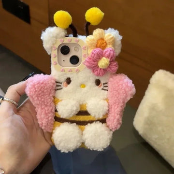 Plush Hello Kitty Phone Case Cartoon Bee Sanrio Iphone15 14 13 12 11 Pro Max Phone Case Cute 3D Winter Warm Shockproof Drop Case