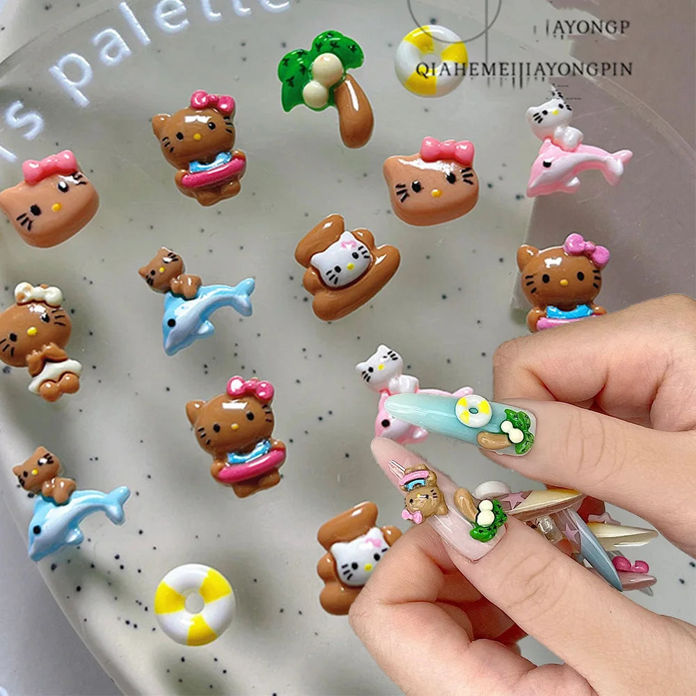 10Pcs Miniso Sanrio Hello Kitty DIY Nail Art Supplies Holiday Series Cute Cartoon Black Skin Hello Kitty&KT Phone Case Nail Deco