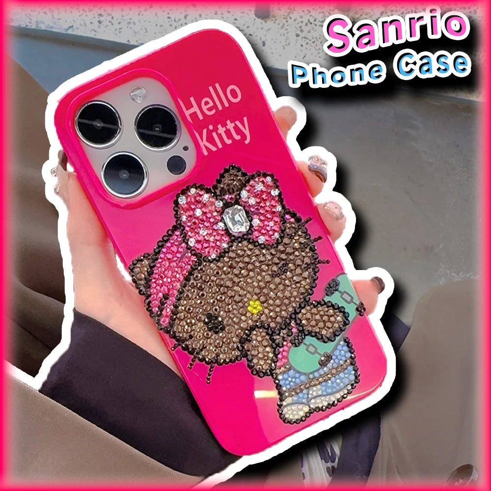 Kawaii Tan Hello Kitty Phone Case for IPhone 12 13 14 15 Pro Max Sanrio Y2k Anime Rhinestone Protective Fashion Creative Case