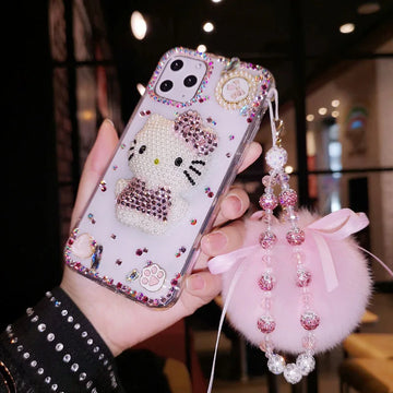 Hello Kitty 3D Cartoon Phone Case For iPhone 13 12 11 Pro Max XR XS MAX X 2022 Rhinestones luxury Lady Girl Soft Cover Gift