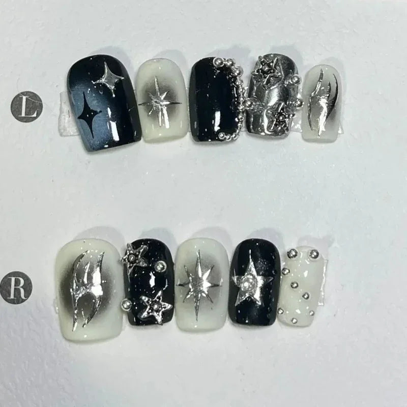 10-Piece Short Y2K Press-On Nails | Black Halo Dyeing with Metal Stars | Cool & Edgy Full-Cover Artificial Nails Set