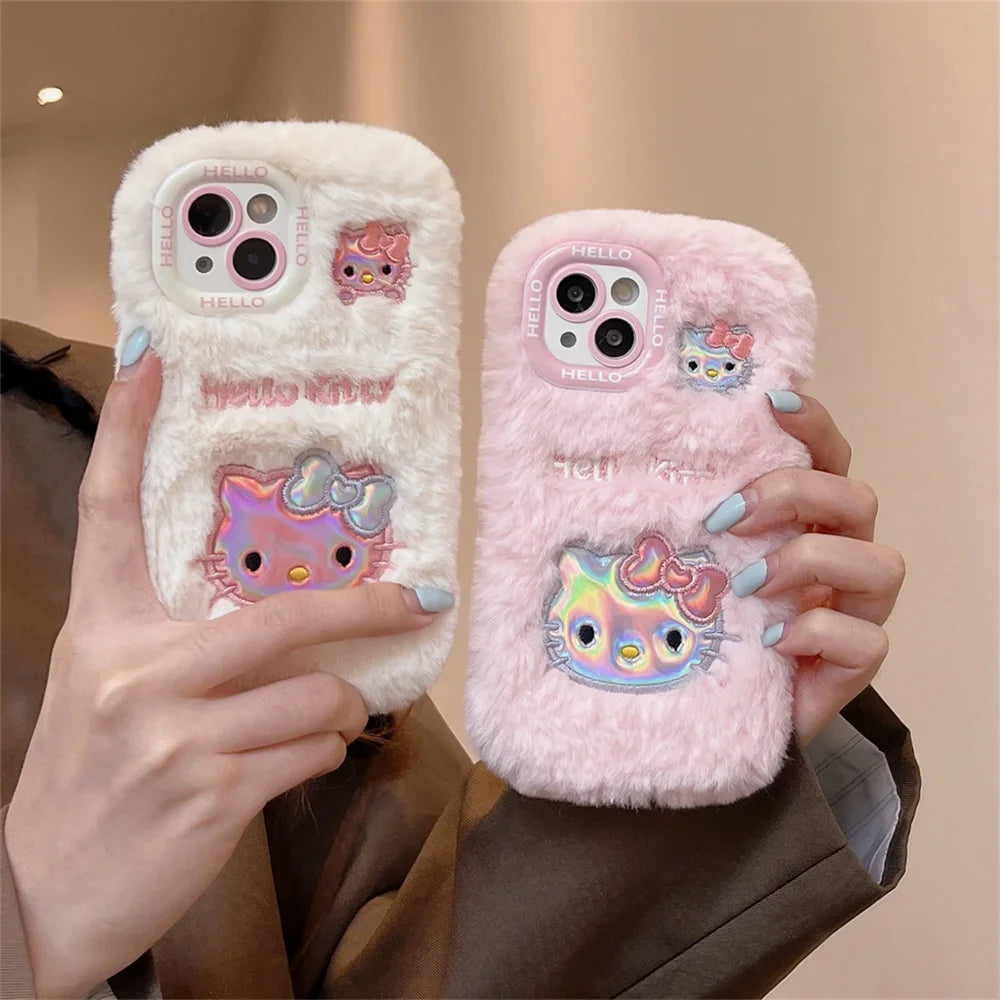 Cute Cartoon Anime Role Hello Kitty Plush Phone Case for IPhone 11 12 13 14 15 Pro Max Soft Lovely Fuzzy Anti-fall Back Cover