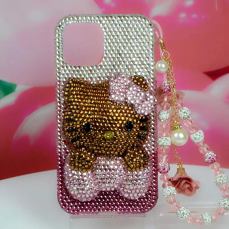 Sanrio Handmade Phone Case with Rhinestone, Suitable for iPhone 11, 12, 13, 14, 15 16 Pro Max, Full Diamond, Hello Kitty